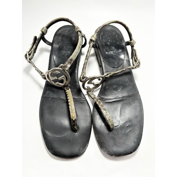 Gucci Thong Sandals Black w/ Silver GG Logo Python Accents Sz EU 34.5 4.5 - Picture 7 of 13